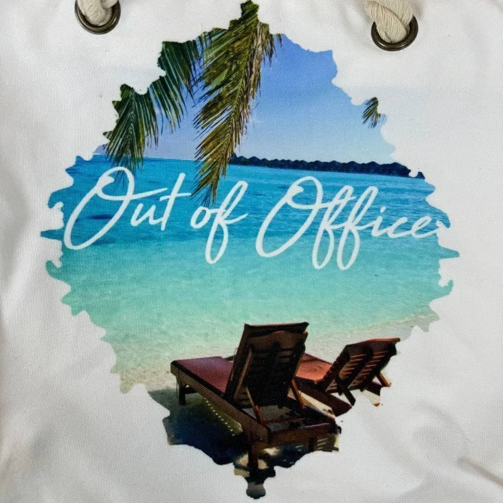 Tropical Out Of Office Beach Scene Canvas Tote Bag‎ White Rope Straps